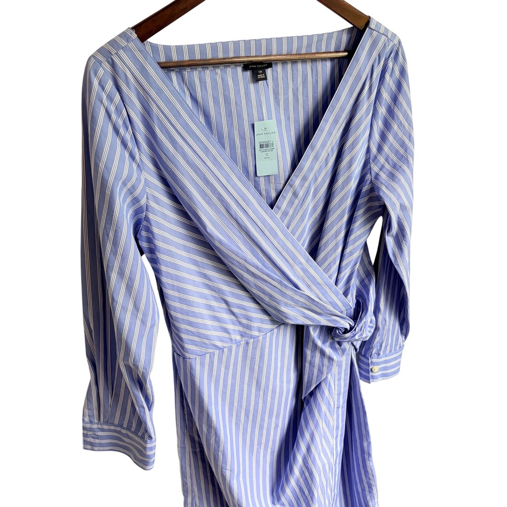 Ann Taylor NEW Striped Faux Wrap Dress 12 Petite Blue White Cotton Long Sleeve - Picture 4 of 12